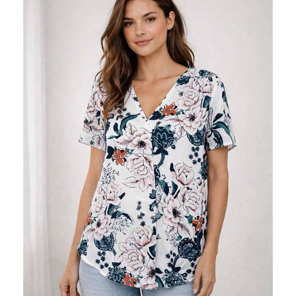 LOFT Floral Tropical Blouse Tunic Medium White Blue Short Sleeve Lightweight